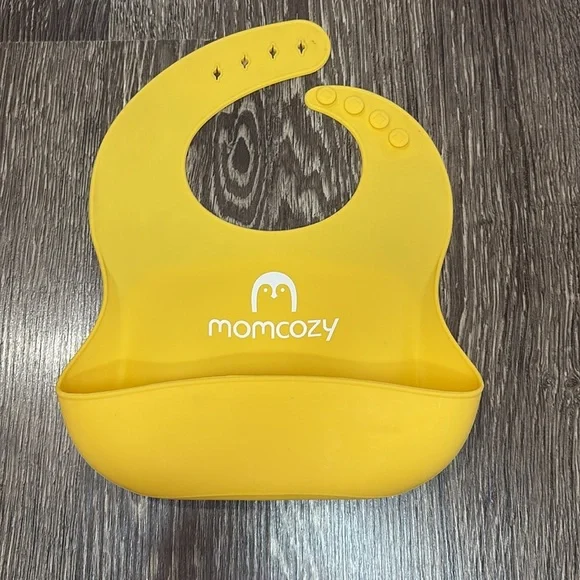 Set of 3 Mom Cozy Silicone Baby Bibs - Gray, Orange, & Yellow - Picture 3 of 4